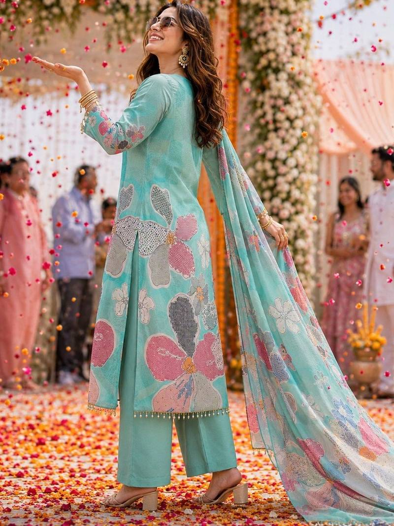 women floral printed regular thread work kurta with palazzos & with dupatta