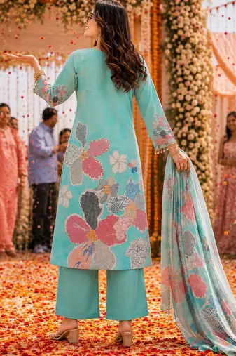women floral printed regular thread work kurta with palazzos & with dupatta