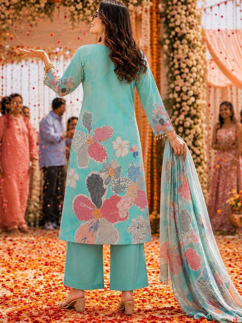 women floral printed regular thread work kurta with palazzos & with dupatta