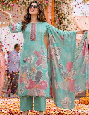women floral printed regular thread work kurta with palazzos & with dupatta 1