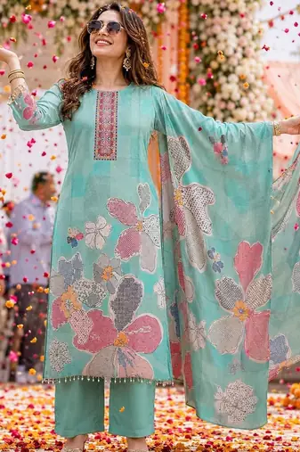 women floral printed regular thread work kurta with palazzos & with dupatta