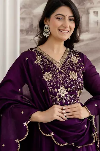 women ethnic motifs embroidered empire sequinned kurta with trousers & with dupatta