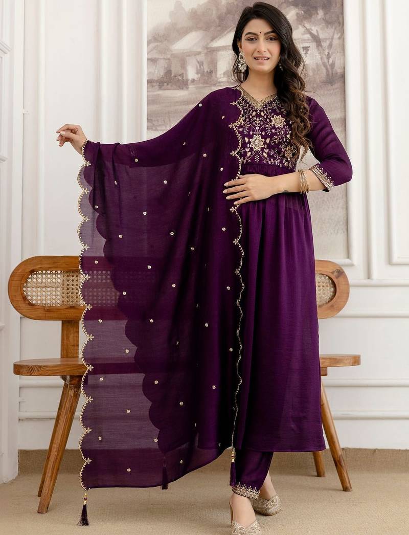 women ethnic motifs embroidered empire sequinned kurta with trousers & with dupatta