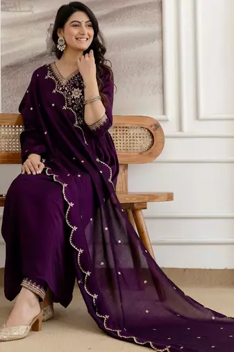 women ethnic motifs embroidered empire sequinned kurta with trousers & with dupatta
