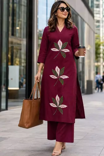 women embroidered regular thread work  cotton kurta with palazzos