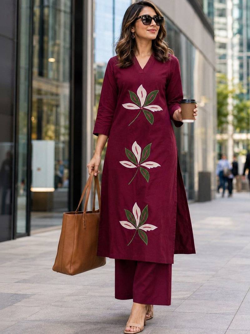 women embroidered regular thread work  cotton kurta with palazzos