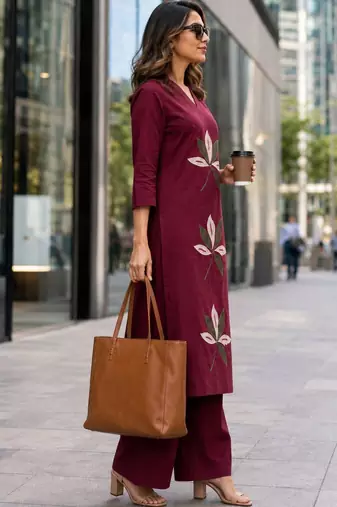women embroidered regular thread work  cotton kurta with palazzos