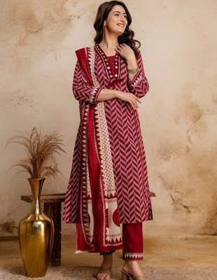women printed regular mirror work  cotton kurta with trousers & with dupatta 1