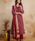 women printed regular mirror work  cotton kurta with trousers & with dupatta