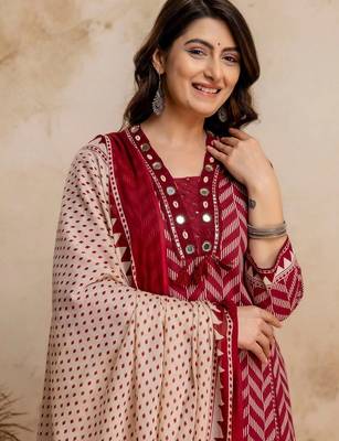 women printed regular mirror work  cotton kurta with trousers & with dupatta 6