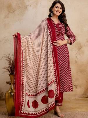 women printed regular mirror work  cotton kurta with trousers & with dupatta 7