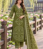 women ethnic motifs printed regular mirror work  cotton kurta with palazzos & with dupatta