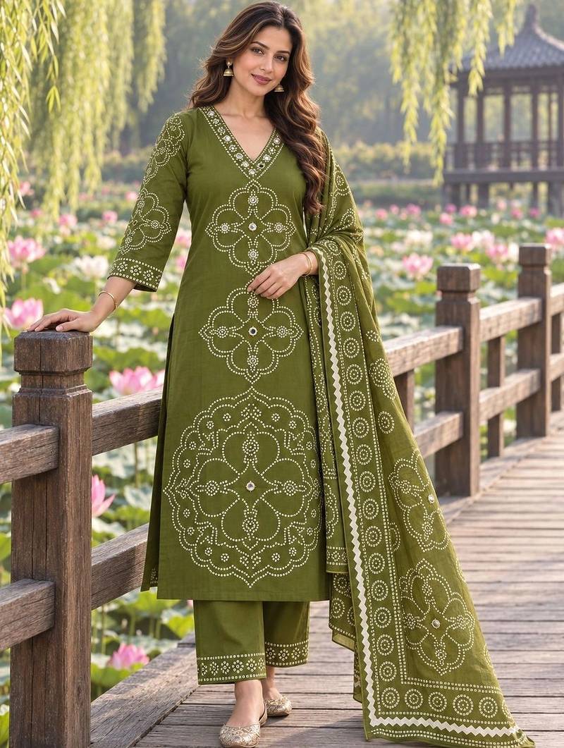 women ethnic motifs printed regular mirror work  cotton kurta with palazzos & with dupatta