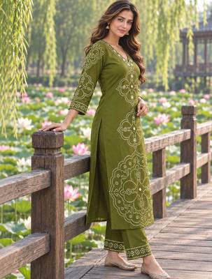 women ethnic motifs printed regular mirror work  cotton kurta with palazzos & with dupatta 4