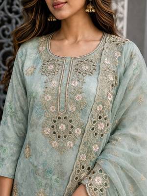 women floral printed regular mirror work kurta with trousers & with dupatta 4