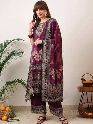 women ethnic motifs printed regular sequinned kurta with palazzos & with dupatta 1