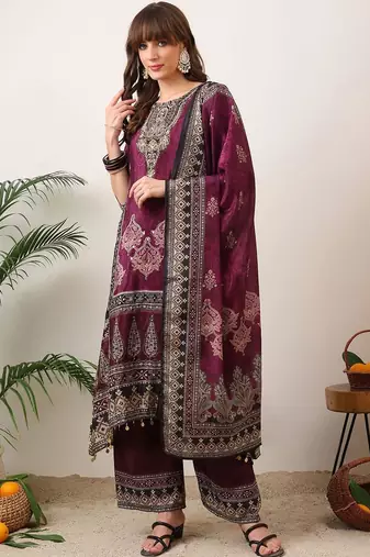 women ethnic motifs printed regular sequinned kurta with palazzos & with dupatta