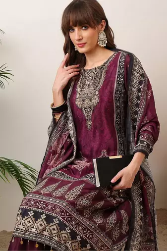 women ethnic motifs printed regular sequinned kurta with palazzos & with dupatta