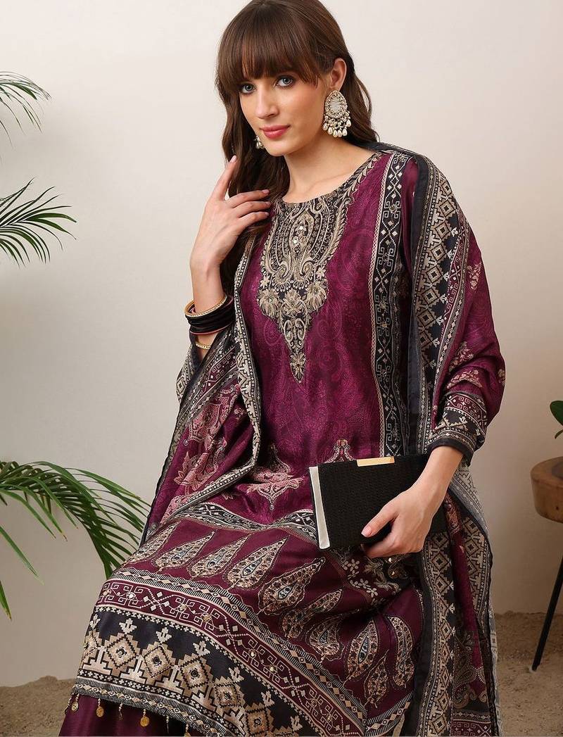 women ethnic motifs printed regular sequinned kurta with palazzos & with dupatta
