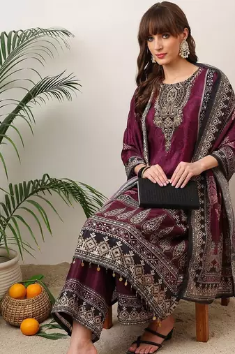 women ethnic motifs printed regular sequinned kurta with palazzos & with dupatta