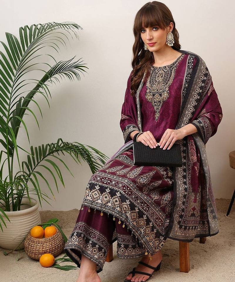 women ethnic motifs printed regular sequinned kurta with palazzos & with dupatta