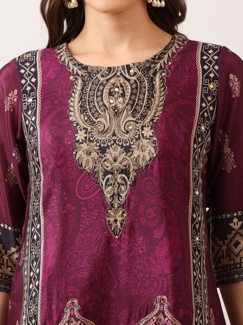 women ethnic motifs printed regular sequinned kurta with palazzos & with dupatta