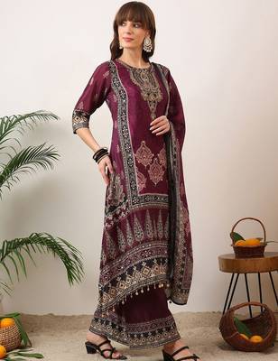 women ethnic motifs printed regular sequinned kurta with palazzos & with dupatta 6