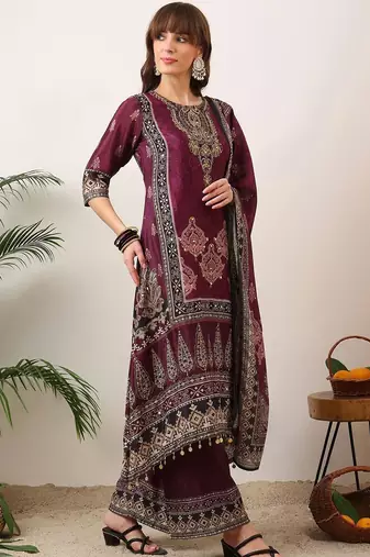 women ethnic motifs printed regular sequinned kurta with palazzos & with dupatta