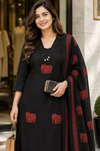 women ethnic motifs embroidered thread work  cotton kurta & trousers