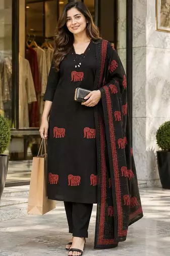 women ethnic motifs embroidered thread work  cotton kurta & trousers
