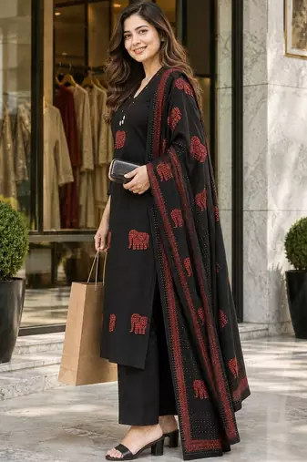 women ethnic motifs embroidered thread work  cotton kurta & trousers