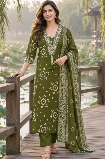 women ethnic motifs printed regular thread work  cotton kurta with trousers & with dupatta