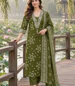 women ethnic motifs printed regular thread work  cotton kurta with trousers & with dupatta