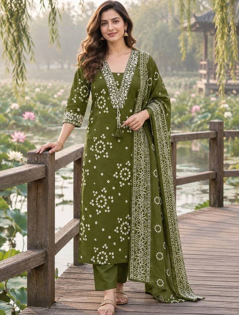 women ethnic motifs printed regular thread work  cotton kurta with trousers & with dupatta