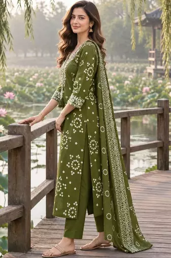 women ethnic motifs printed regular thread work  cotton kurta with trousers & with dupatta