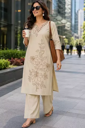women floral embroidered regular thread work  cotton kurta with palazzos