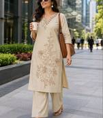 women floral embroidered regular thread work  cotton kurta with palazzos