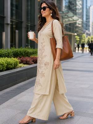 women floral embroidered regular thread work  cotton kurta with palazzos 3