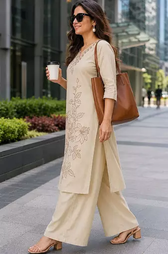 women floral embroidered regular thread work  cotton kurta with palazzos