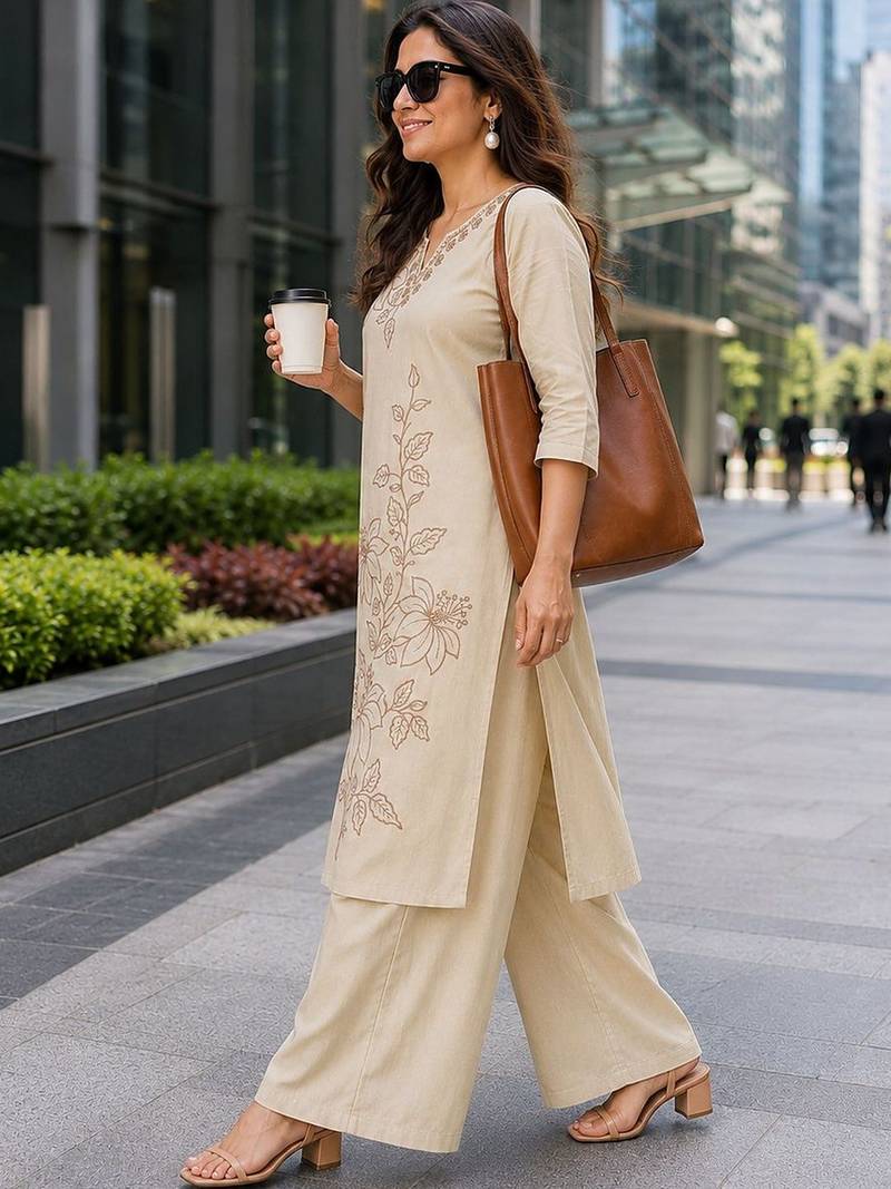 women floral embroidered regular thread work  cotton kurta with palazzos