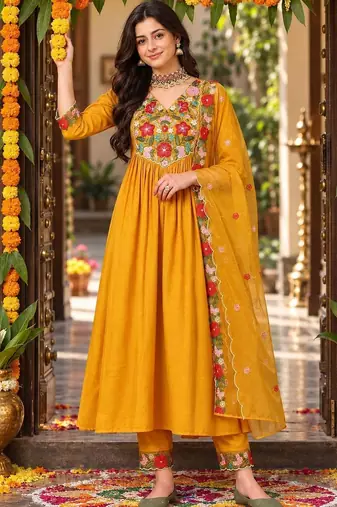 ethnic motifs embroidered thread work kurta with trousers & dupatta