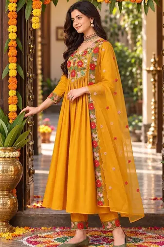ethnic motifs embroidered thread work kurta with trousers & dupatta