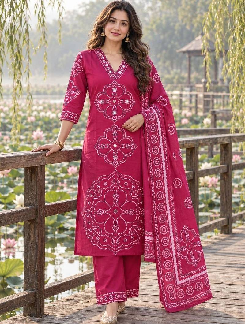 women printed regular  cotton kurta with palazzos & with dupatta