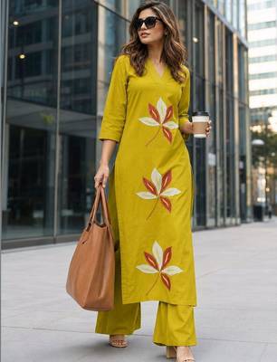 women embroidered regular thread work  cotton kurta with palazzos 1