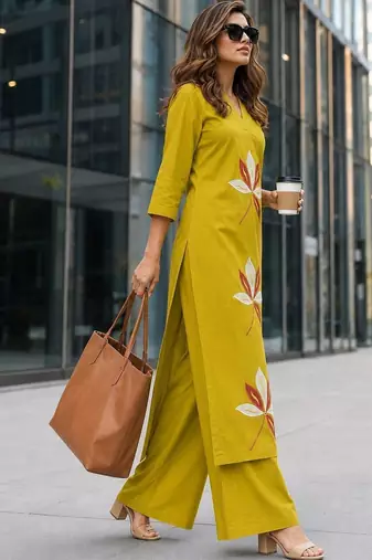 women embroidered regular thread work  cotton kurta with palazzos