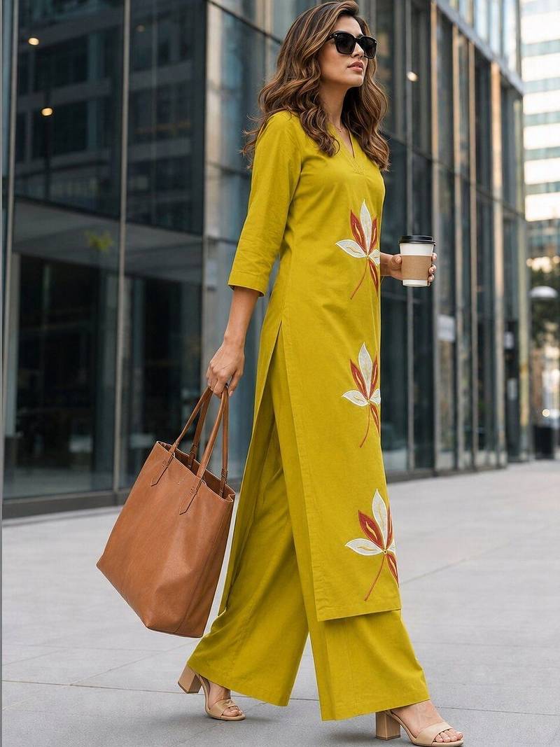 women embroidered regular thread work  cotton kurta with palazzos