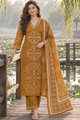 women ethnic motifs printed regular mirror work  cotton kurta with trousers & with dupatta