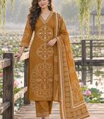 women ethnic motifs printed regular mirror work  cotton kurta with trousers & with dupatta