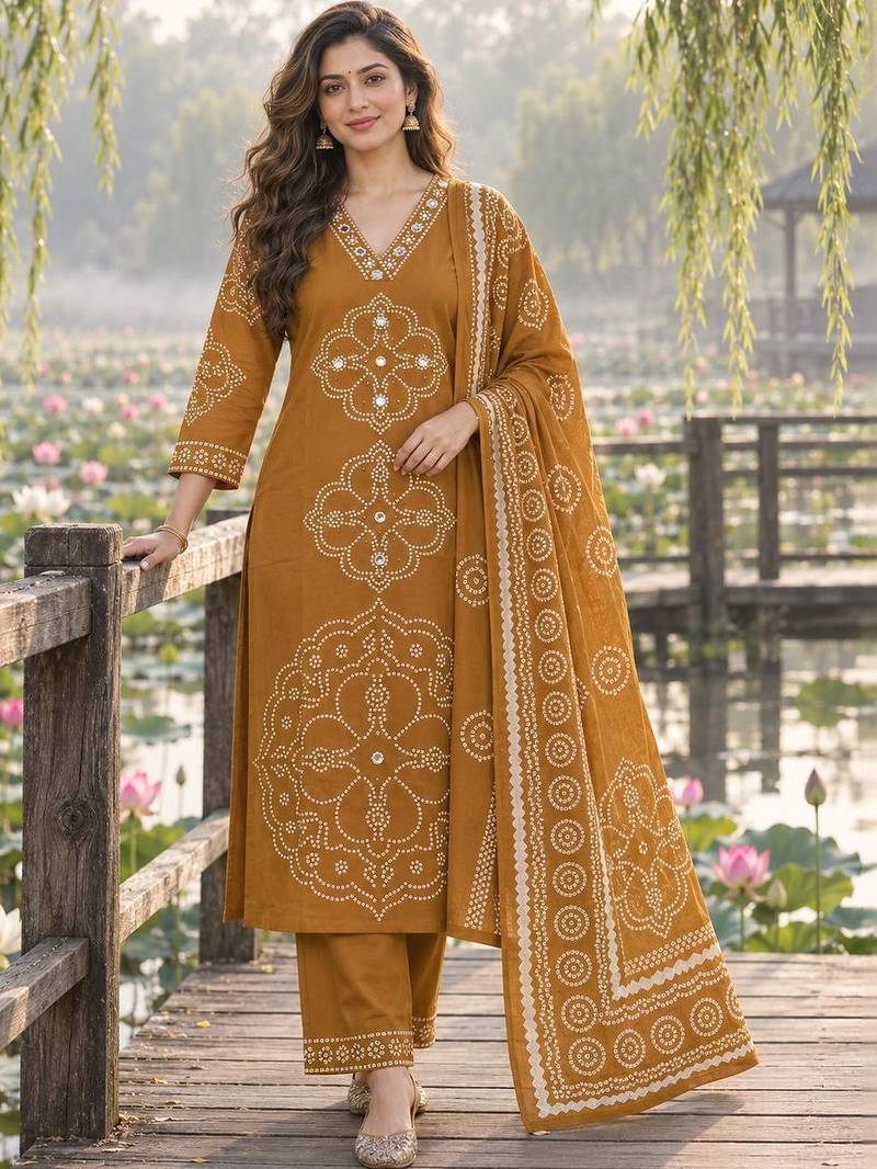 women ethnic motifs printed regular mirror work  cotton kurta with trousers & with dupatta
