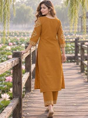 women ethnic motifs printed regular mirror work  cotton kurta with trousers & with dupatta 2